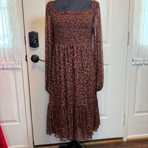 Just Taylor Cheetah Print Smocked Top Dress Semi-Sheer Long Sleeves Sz 4